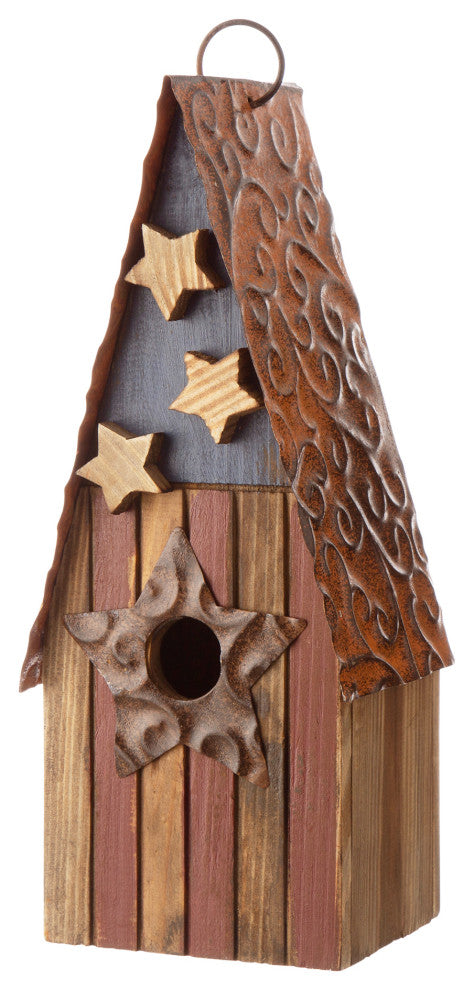 12.4" H USA Patriotic Theme Wooden Bluebird House Decorative Birdhouse