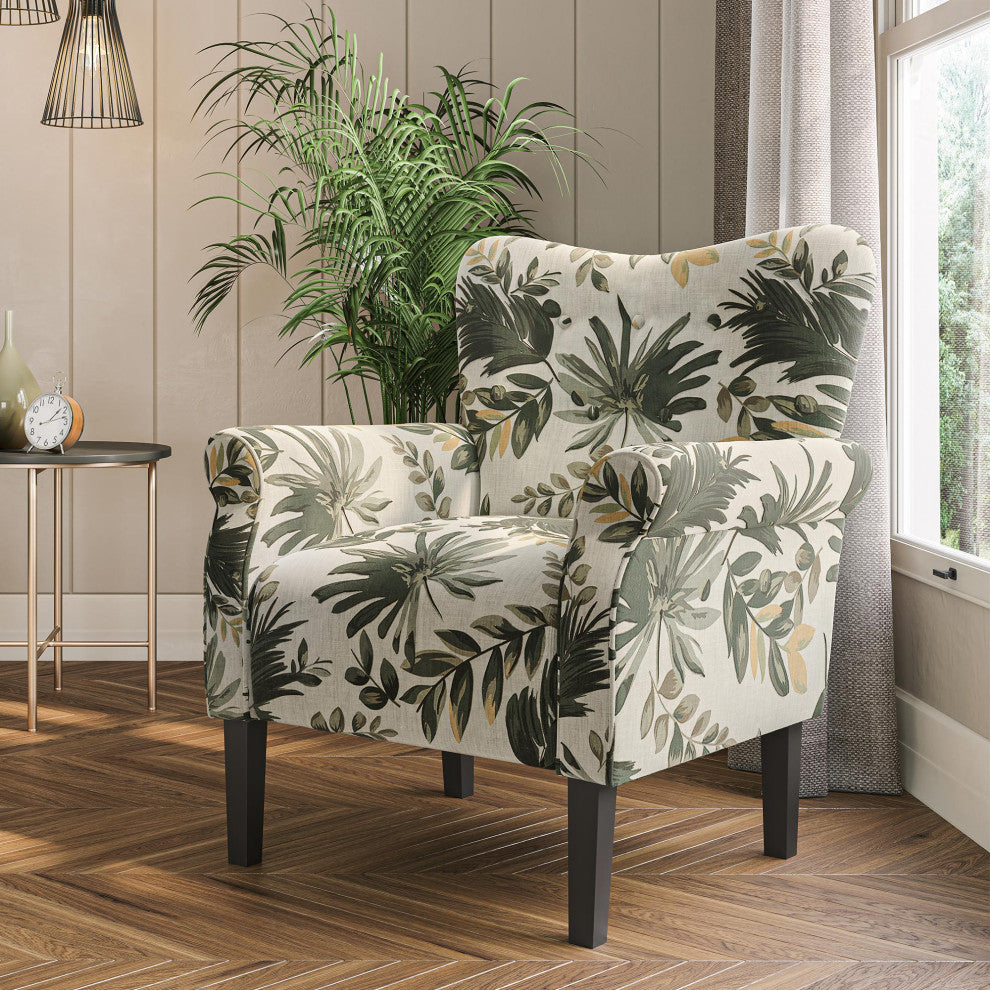 High Wingback Linen Armchair, Green Floral