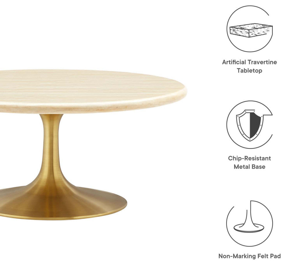 Lippa 36" Round Artificial Travertine Coffee Table, Gold Travertine
