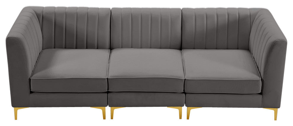 Alina Velvet Upholstered 3-Piece Modular Sofa, Grey