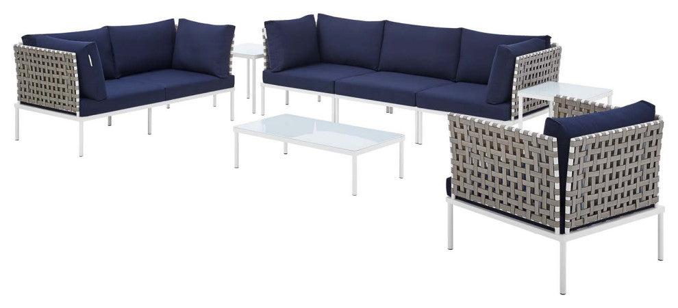 Lounge Sectional Sofa Chair Table Set, Sunbrella, Aluminum, Blue Navy, Outdoor