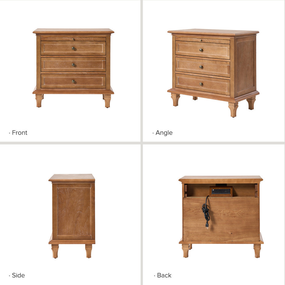 3-Drawer Nightstand With  Built-In Outlets Set of 2, Acorn