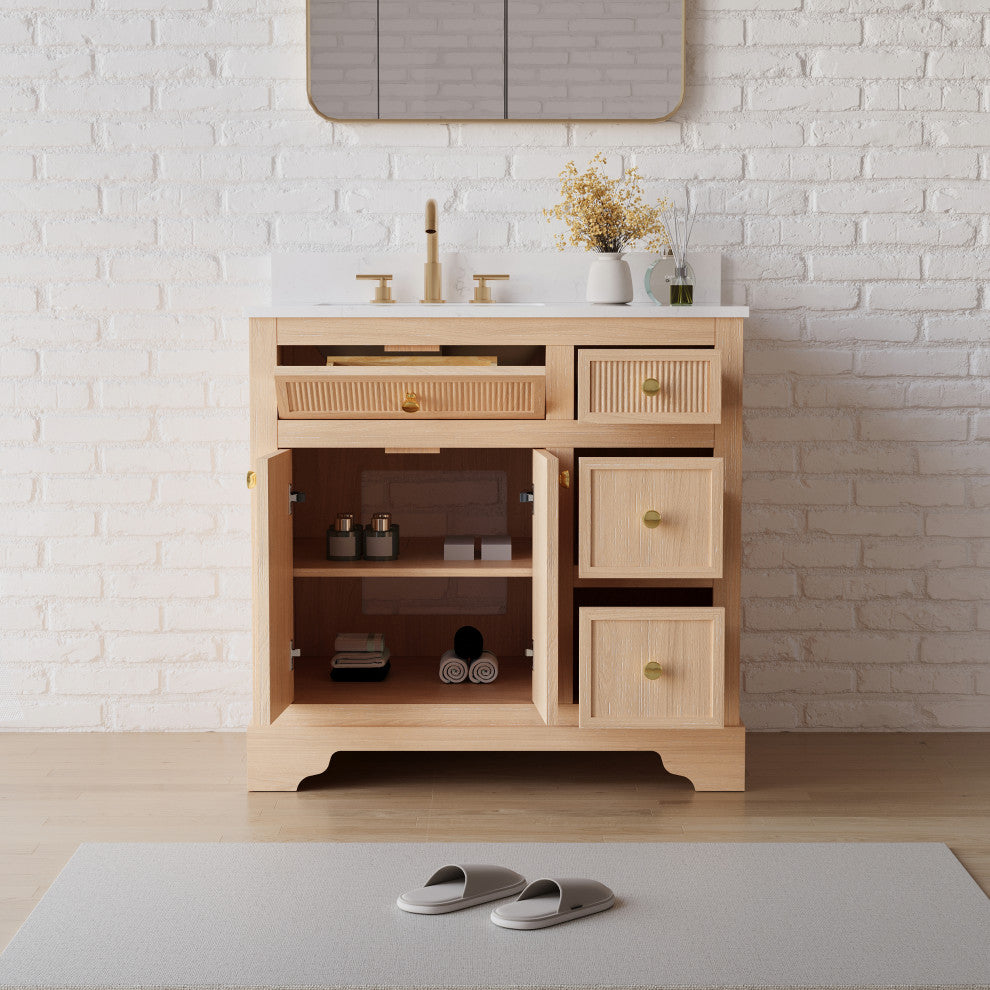 Solid Wood Bathroom Vanity with Carrara White Quartz Top, CUPC-certified Sink, 36"