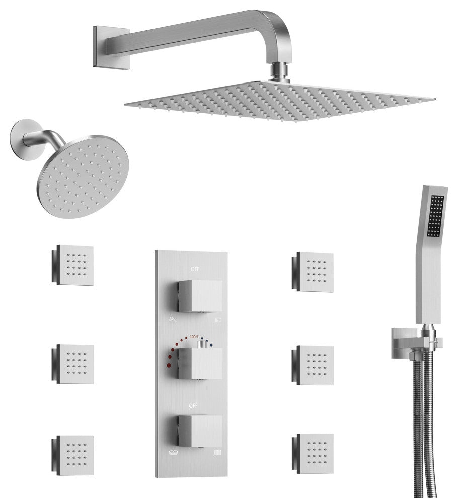 Dual Heads 12" Rain Shower System With 3 Way Thermostatic Faucet,Body Jets, Brushed Nickel