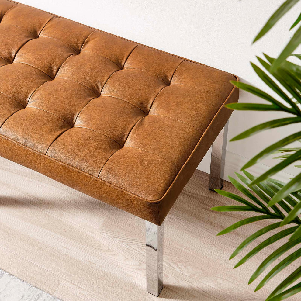 Loft Tufted Large Upholstered Faux Leather Bench Silver Tan