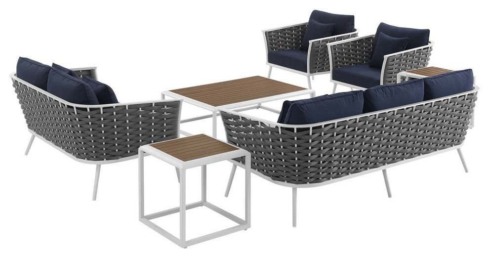 Stance 7 Piece Outdoor Patio Aluminum Sectional Sofa Set, White Navy