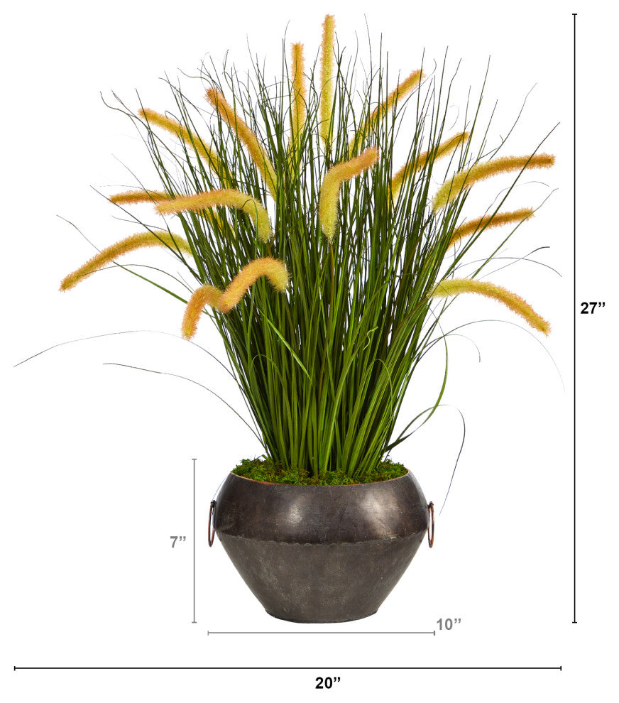 27" Onion Grass Artificial Plant, Metal Bowl