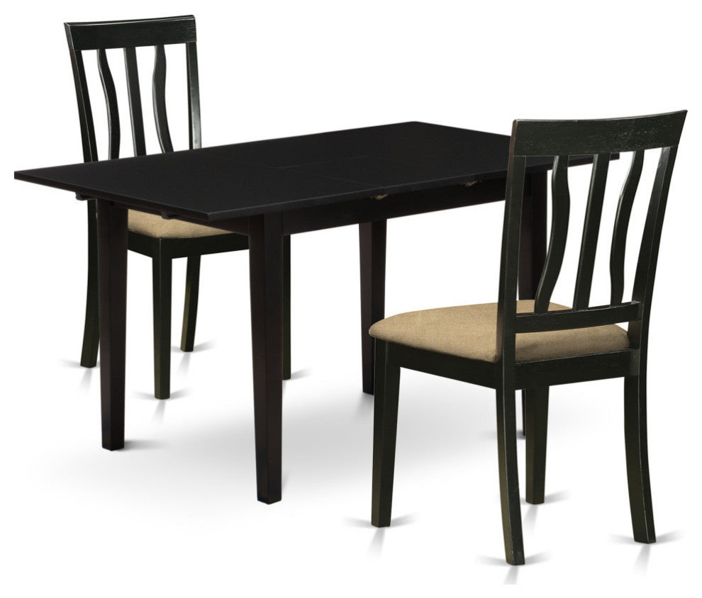 3-PieceWood Dining Table Set 2 Wood Chairs, Butterfly Leaf Kitchen Table, Black