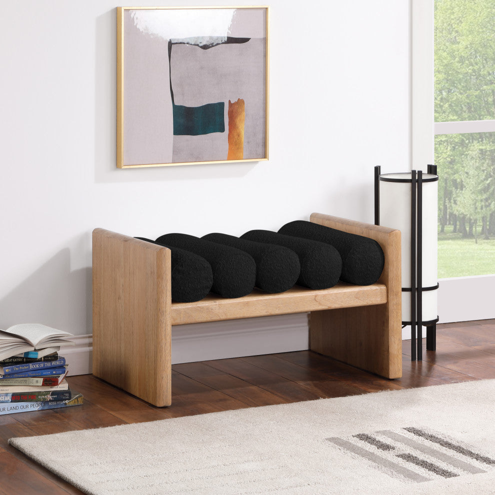 Waverly Boucle Fabric Upholstered Bench, Black, 32" Wide, Natural Finish