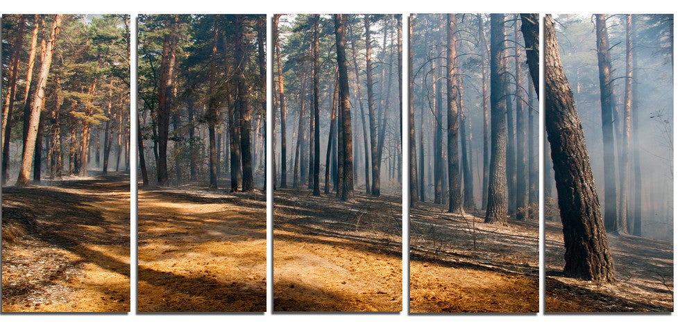 Fire in Forest with Flame and Smoke, Modern Forest Canvas Art, 60"x28", 5 Panels