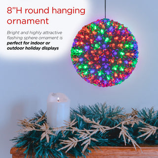 8"H Indoor/Outdoor Flashing Sphere Hanging Ornament with Multi-Colored LED Light