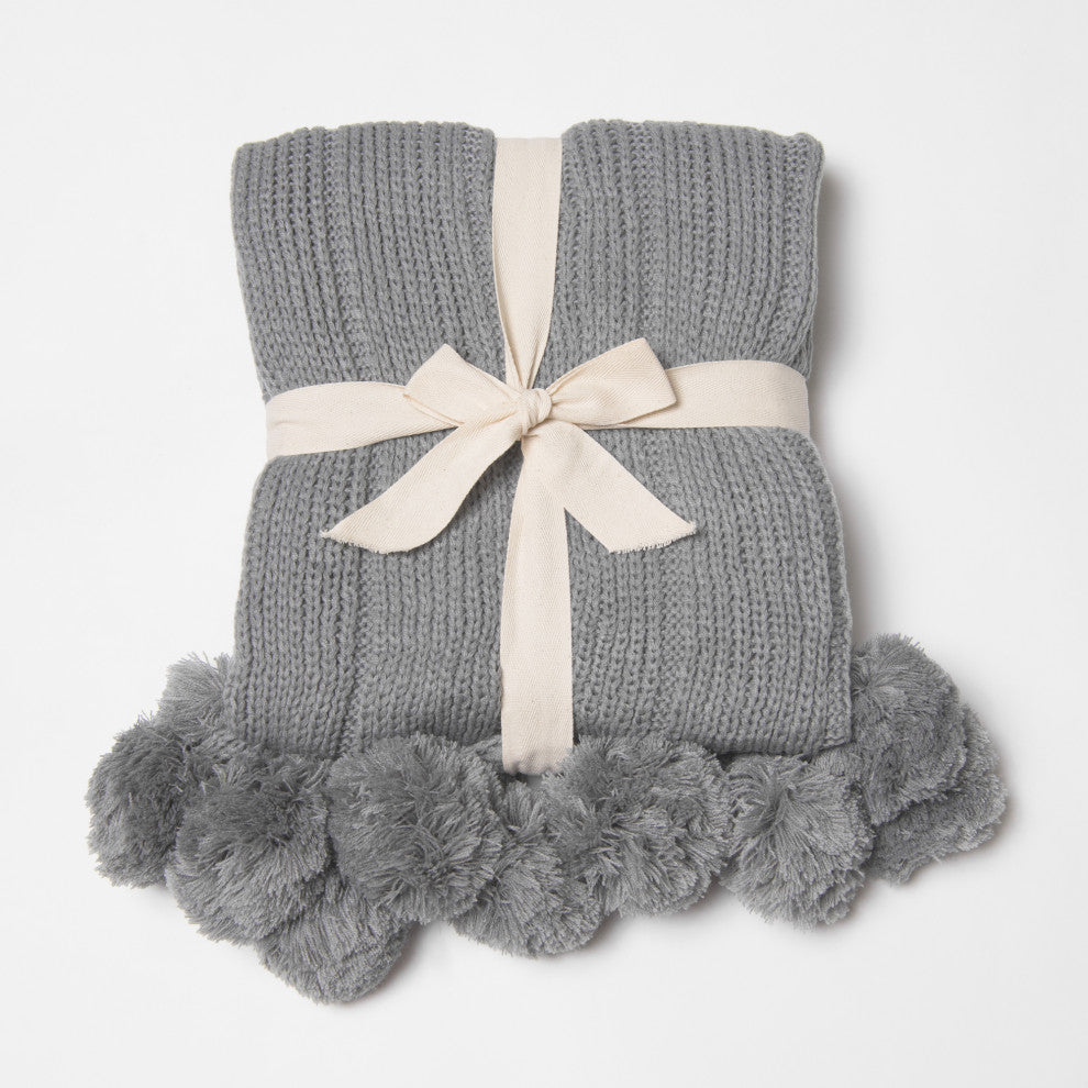Knitted Pom Throw, Grey