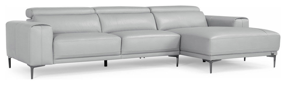 Rousso Grey Leather Sectional with Ratcheting Headrests, Right Chaise