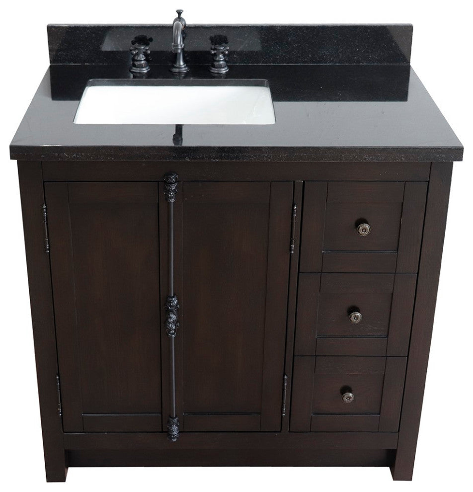 37" Vanity, Brown Ash With Black Galaxy Top, Left Doors/Left Rectangle Sink