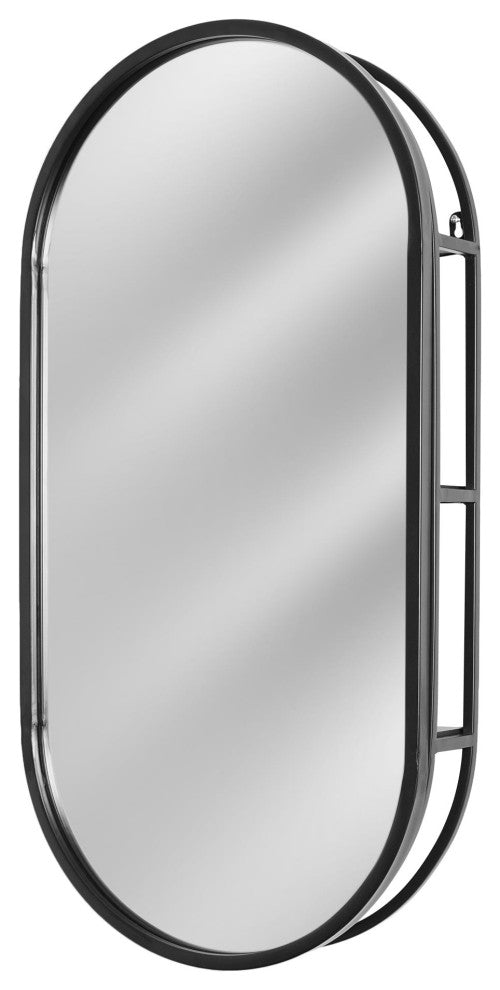 Black Metal Framed Oval Vanity Wall Mirror with Shelves - 15" x 30"