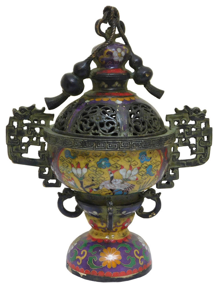 Chinese Metal Yellow Enamel Cloisonne Incense Burner Figure
