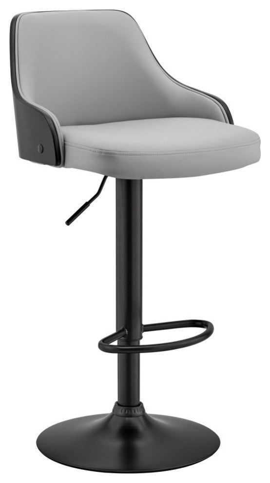 Asher Adjustable Faux Leather and Metal Bar Stool, Gray and Black