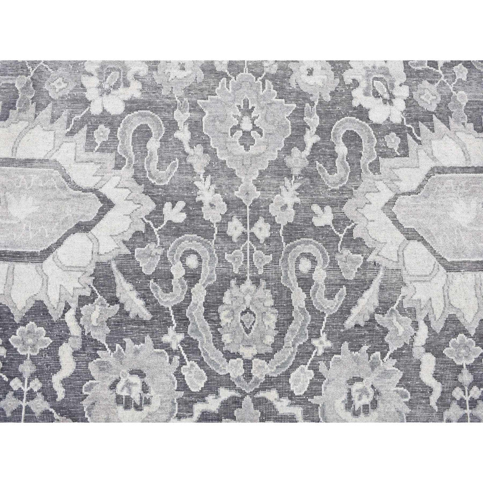 Charcoal Gray Silk/Textured Wool Hand Knotted Oushak Influence Rug, 7'10"x10'2"