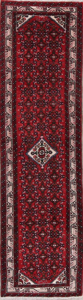 Consigned, Hamedan Persian Hand Made Wool Oriental Runner Rug, Red, 9'1"X2'6"