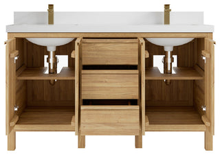 Elizabeth 60 Double Bathroom Vanity in Light Natural Teak 2" White Quartz