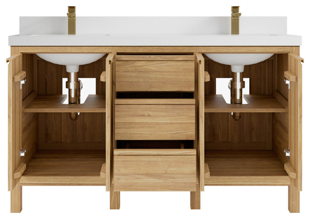Elizabeth 60 Double Bathroom Vanity in Light Natural Teak 2" White Quartz