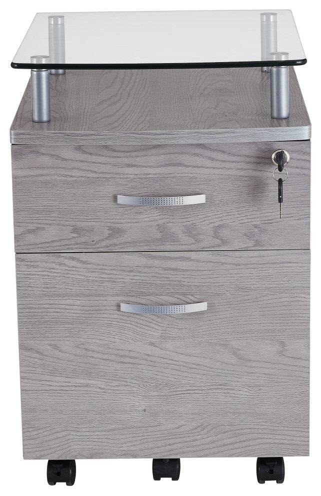 Techni Mobili Rolling File Cabinet with Glass Top, Grey