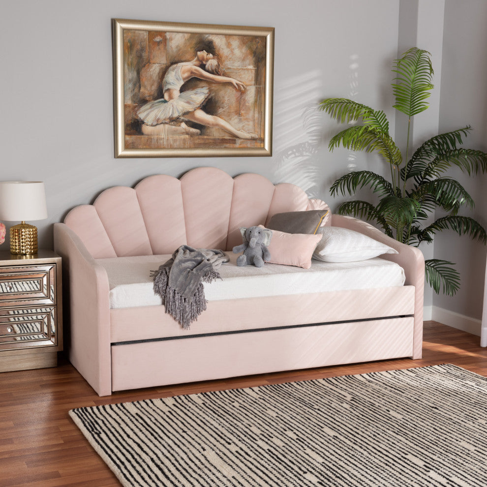Rankin Modern Light Pink Velvet Daybed, Full Size, With Trundle