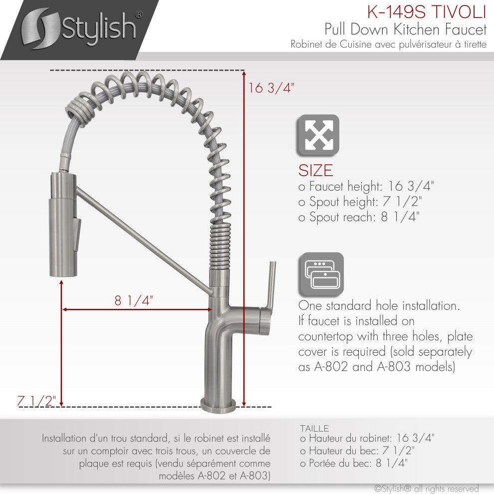 STYLISH Single Handle Pull-Down Dual Mode Kitchen Faucet Stainless Steel Brushed