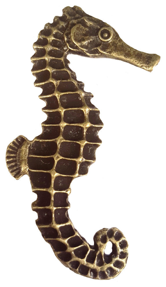 Seahorse Right Facing Cabinet Knob, Large, Antique Brass