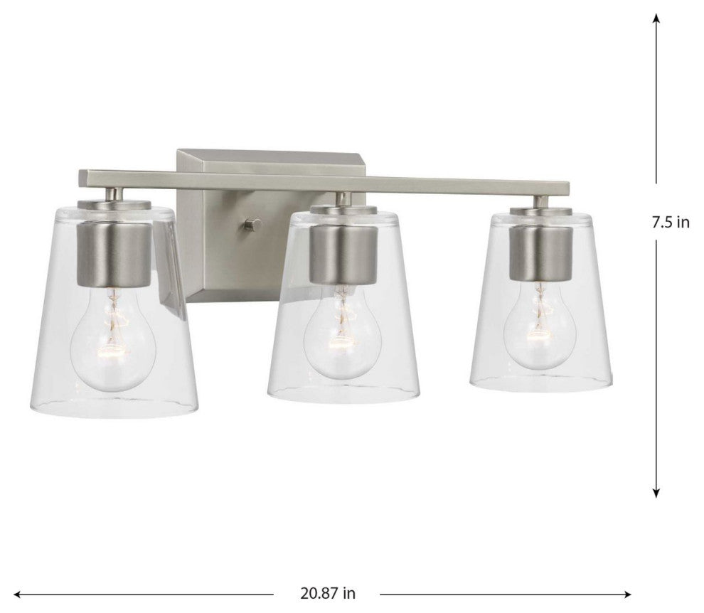 Vertex Collection Three-Light Brushed Nickel Clear Glass Contemporary Bath Light