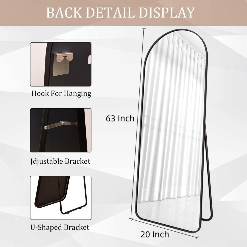 Easly 20x63 Aluminum Alloy Framed Arched Rounded Floor Mirror, Black