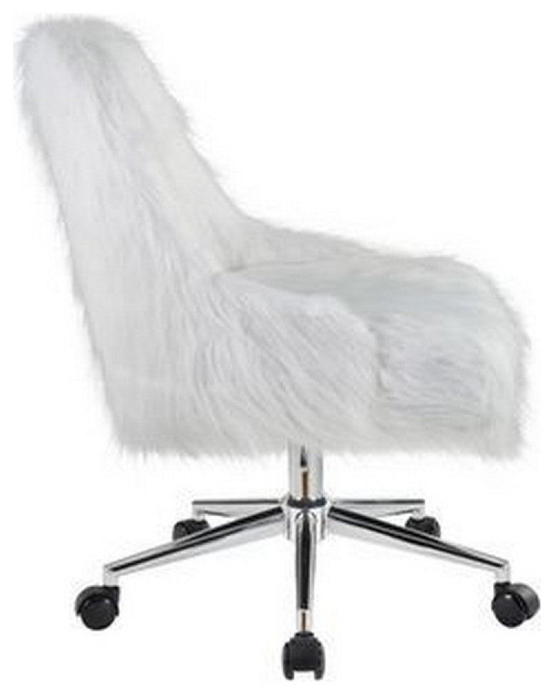 Benzara BM269063 Swivel Office Chair With Faux Fur Fabric, White and Chrome