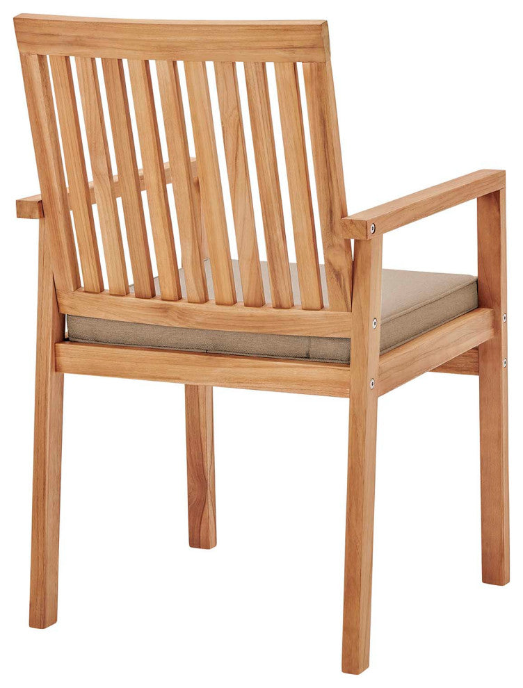 Side Dining Chair Armchair, Wood, Brown Natural Taupe Gray, Modern, Outdoor