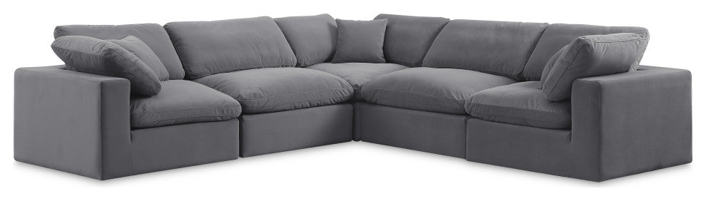 Comfy Upholstered L-Shaped Modular Sectional, Grey, 5-Piece: 2 Armless Chair, 3 Corner Chair, Velvet