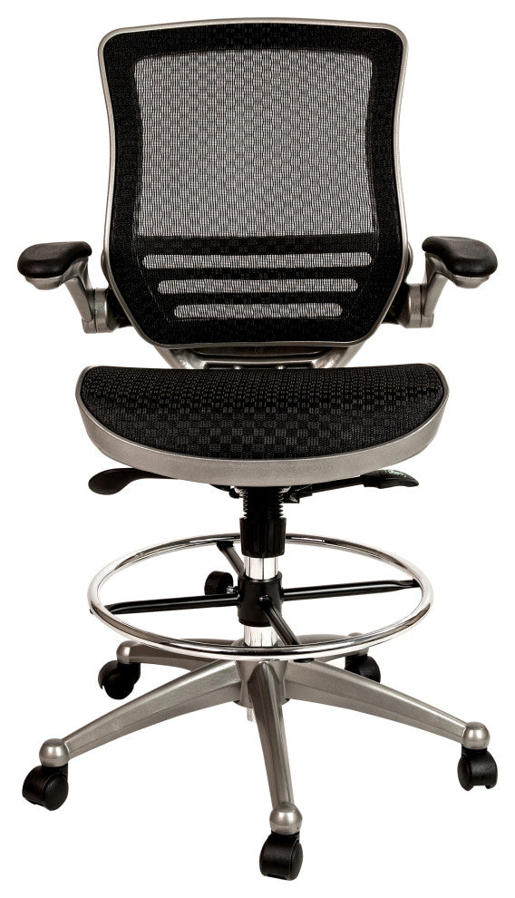Mid-Back Transparent Black Mesh Drafting Chair -Silver Frame and Flip-Up Arms