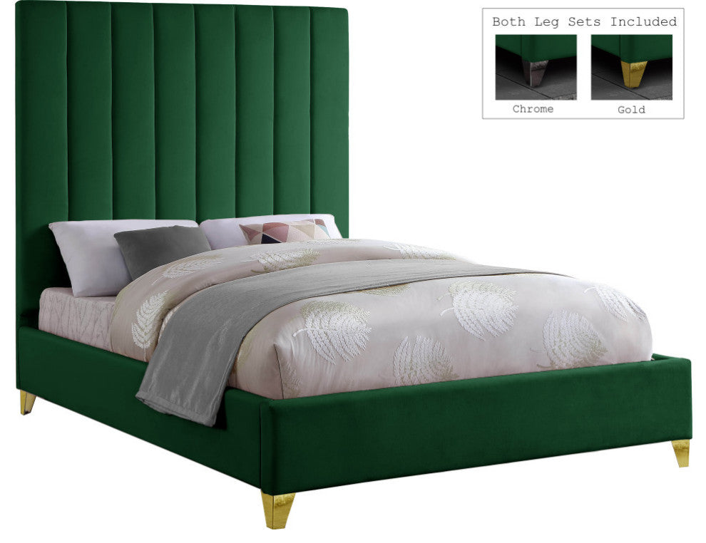 Via Velvet Upholstered Bed, Green, Queen