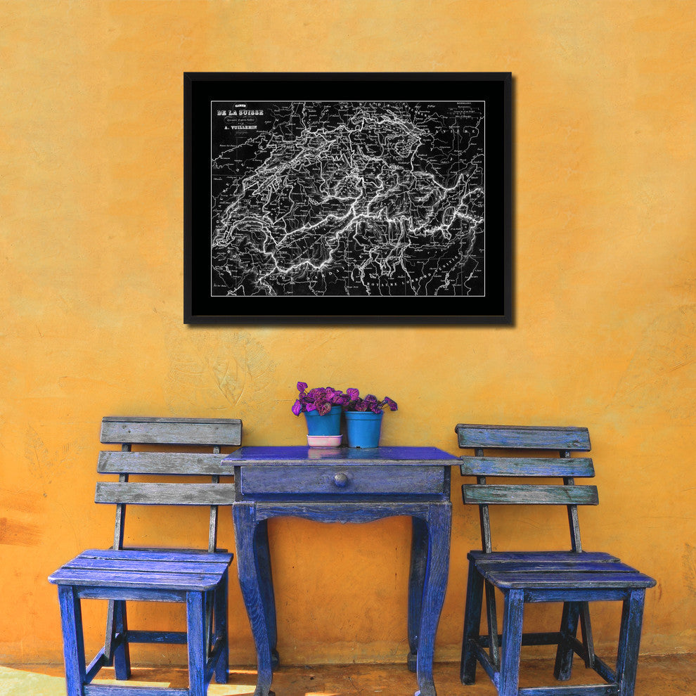 Switzerland Old Monochrome Map Print On Canvas With Black Frame, 16" X 21"