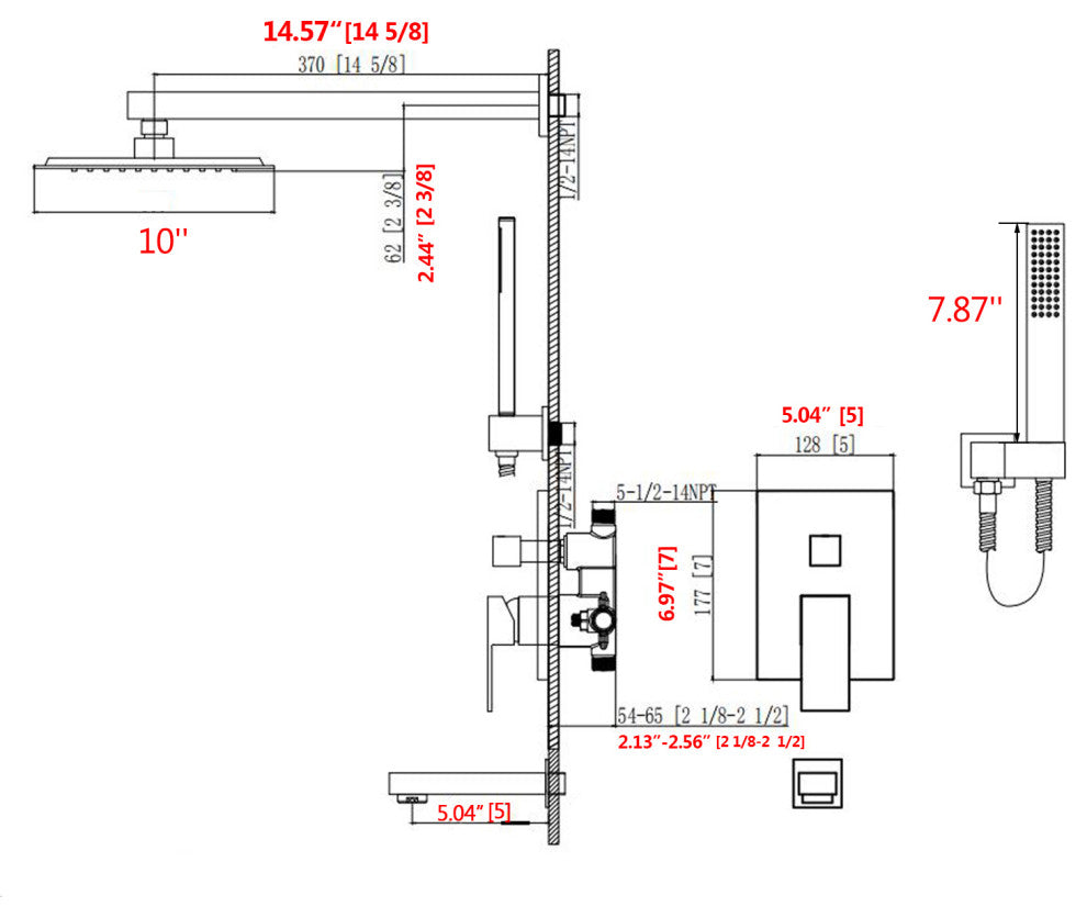 10" Wall Mounted Rainfall Shower System With Tub Spout, Matte Black