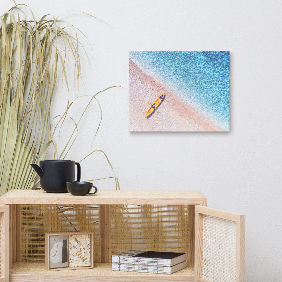 Yellow Canoe and Blue Sea by with Violet Glow Landscape Photo Canvas Art Print, 16" X 20"