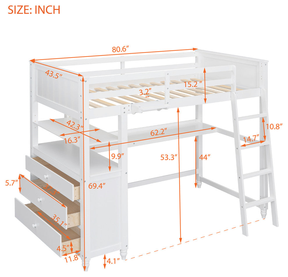 Gewnee Twin size Loft Bed with Drawers and Desk, Wooden Loft Bed in White