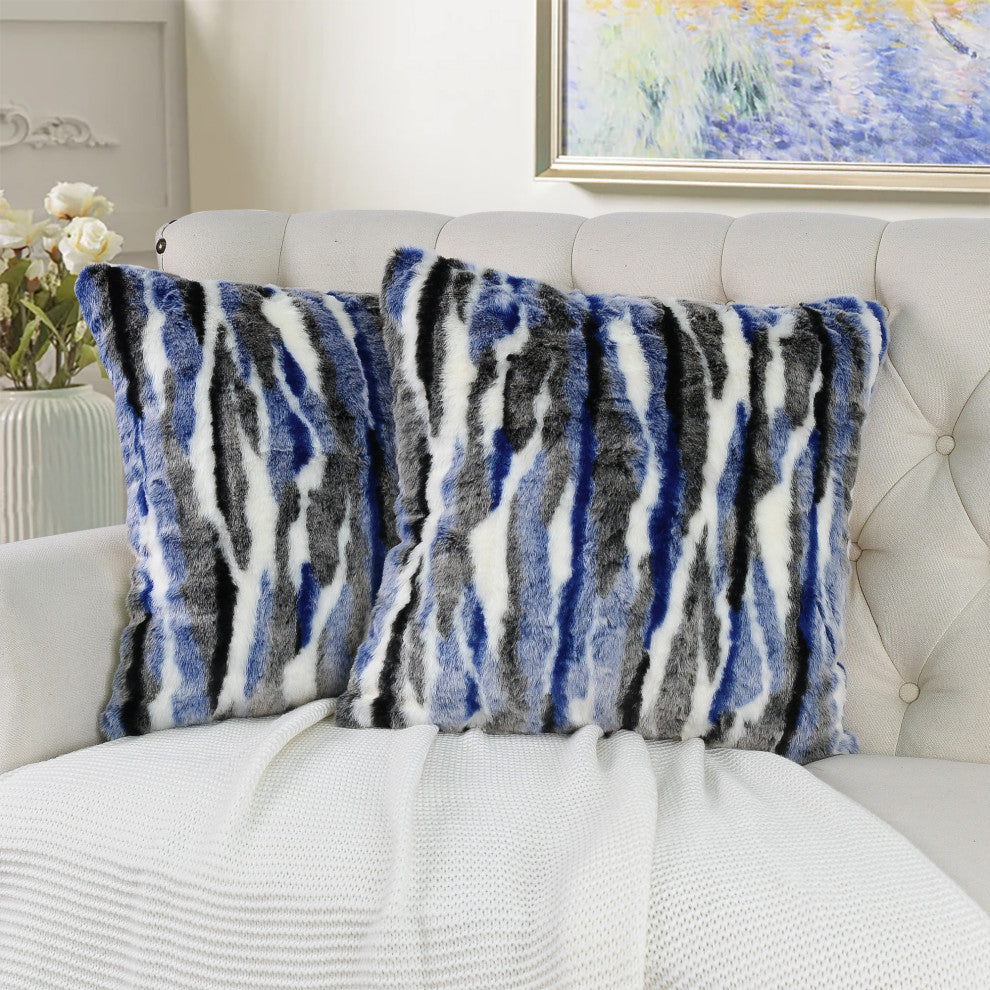 Multi Jacquard Faux Fur Pillow Covers Set of 2, Blue, 14''x26''