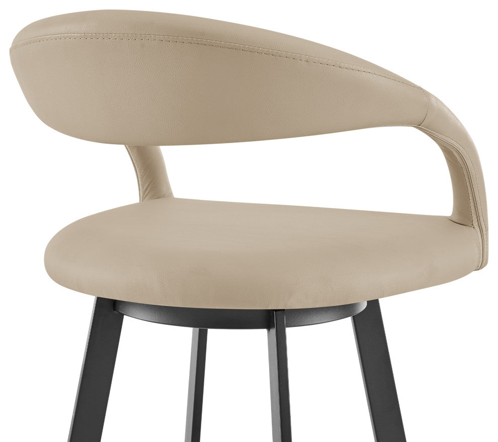 Ramona 26" Counter Stool With Matte Black Iron and Black Faux Leather, Beige, 30 Inch, Swivel