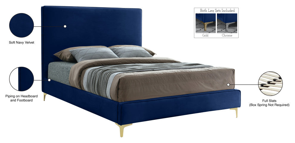 Geri Velvet Upholstered Bed, Navy, King