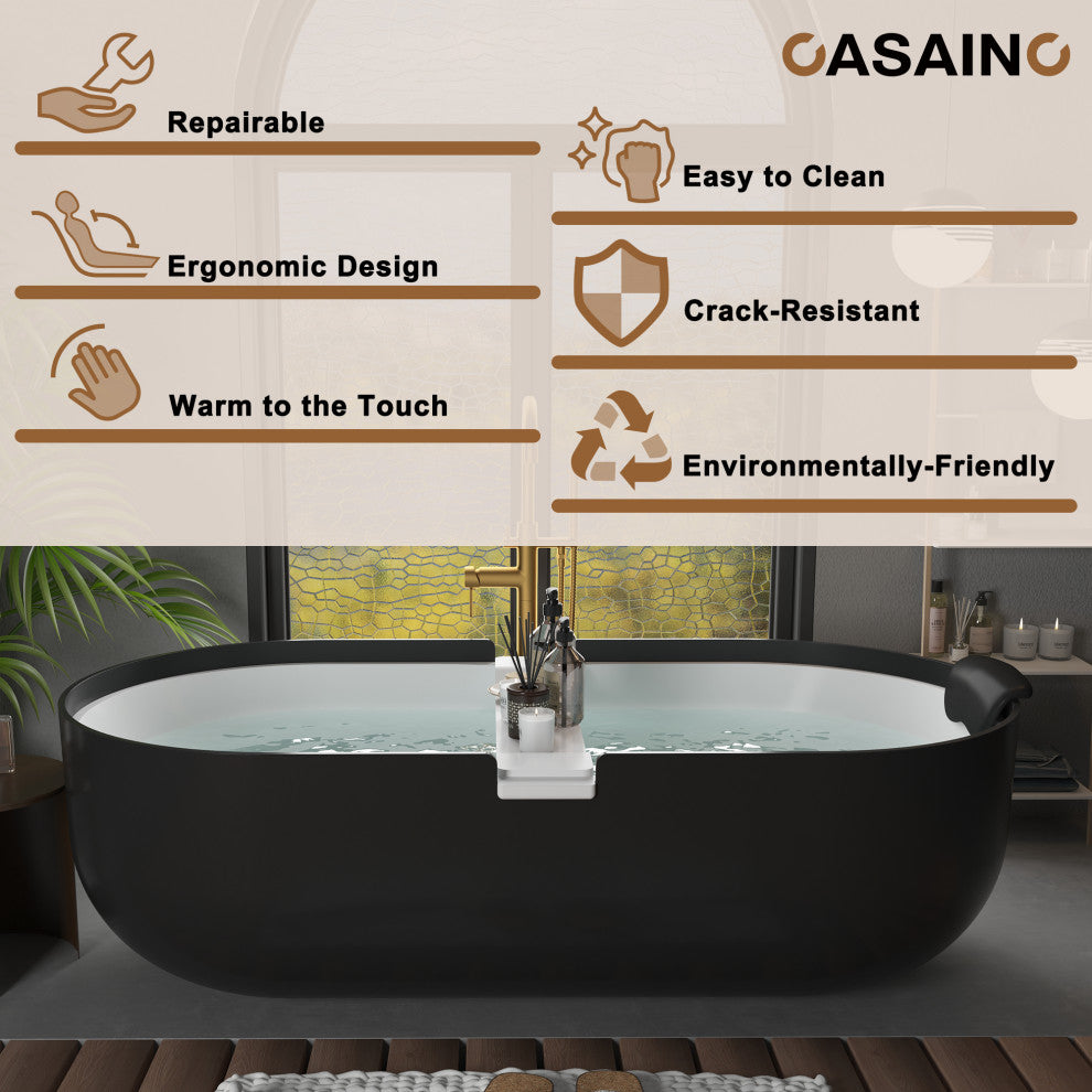 67in White Solid Surface Freestanding Soaking Bathtub with Drain, 71in