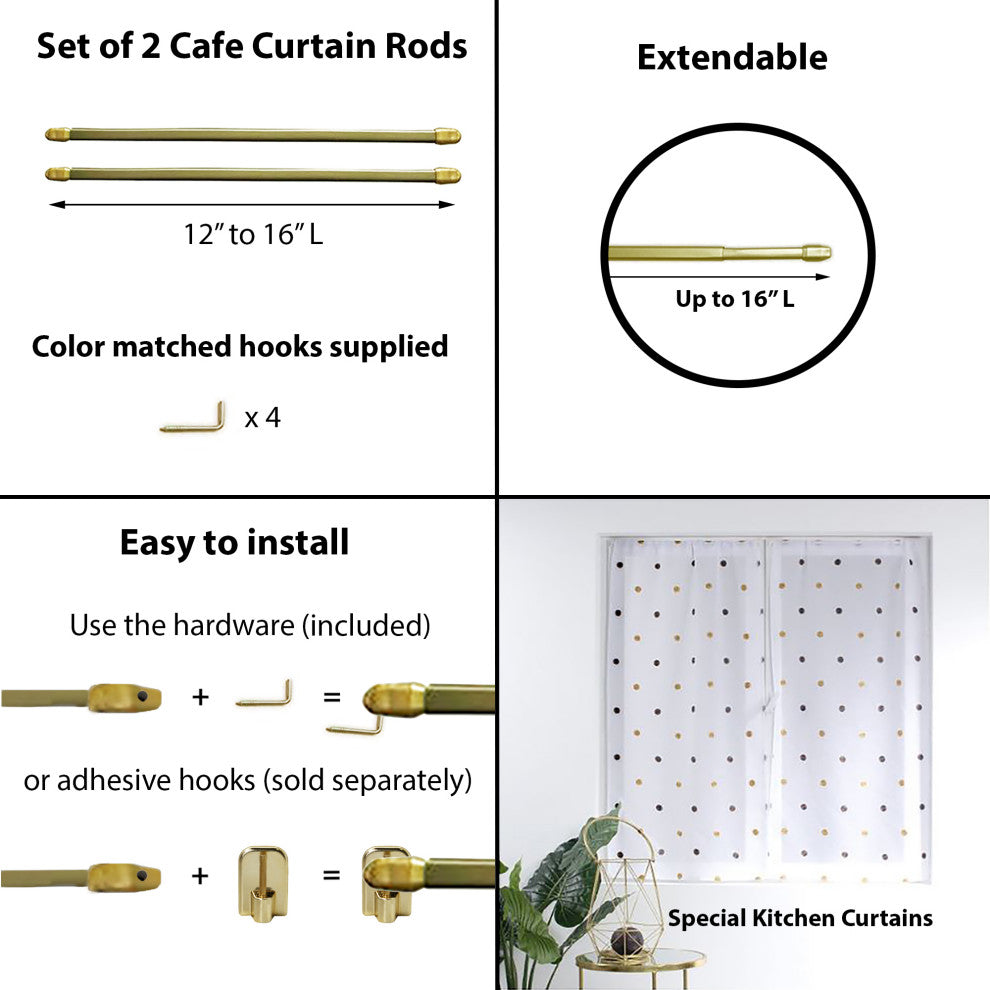 Set of 2 Adjustable Flat Sash Rod, Gold Plated, 12" to 16"