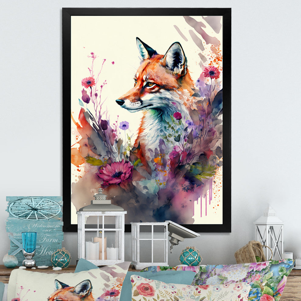 Cute Fox Floral Art II Framed Print, 12x20, Black