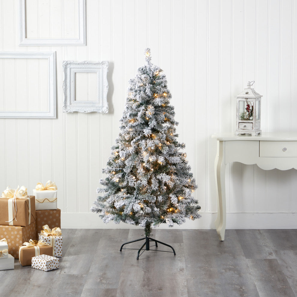 5' Flocked Rock Springs Spruce Faux Christmas Tree With 150 Clear LED Lights
