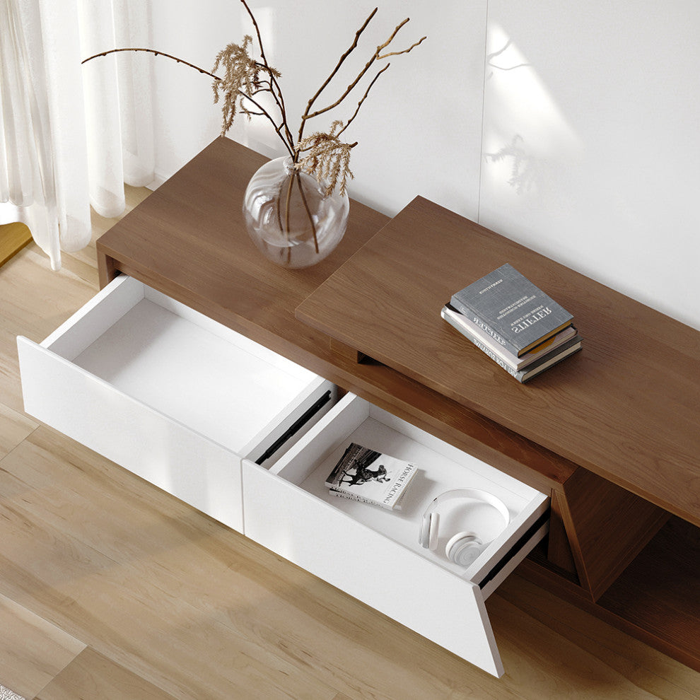 Fero Minimalist Walnut Rectangle Extendable TV Stand With 3 Drawers Up to 120", White/Walnut