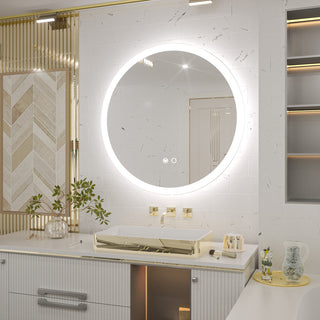 Round LED Bathroom Mirror With Front Lights, Anti-Fog/Dimmable, 36" Diameter