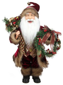 18" Country Cabin Santa Claus in Burgundy Holding a Wreath and Gift Bag Figure